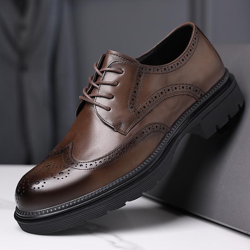 Men's Genuine Leather Formal Brogue Shoes - British, Thick-Soled, High-End Business Style, Top Layer Cowhide