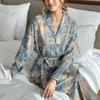 Women's Elegant 2-Piece Casual Outfit: French Print Long-Sleeve Lace-Up Shirt + High-Waist Wide-Leg Pants