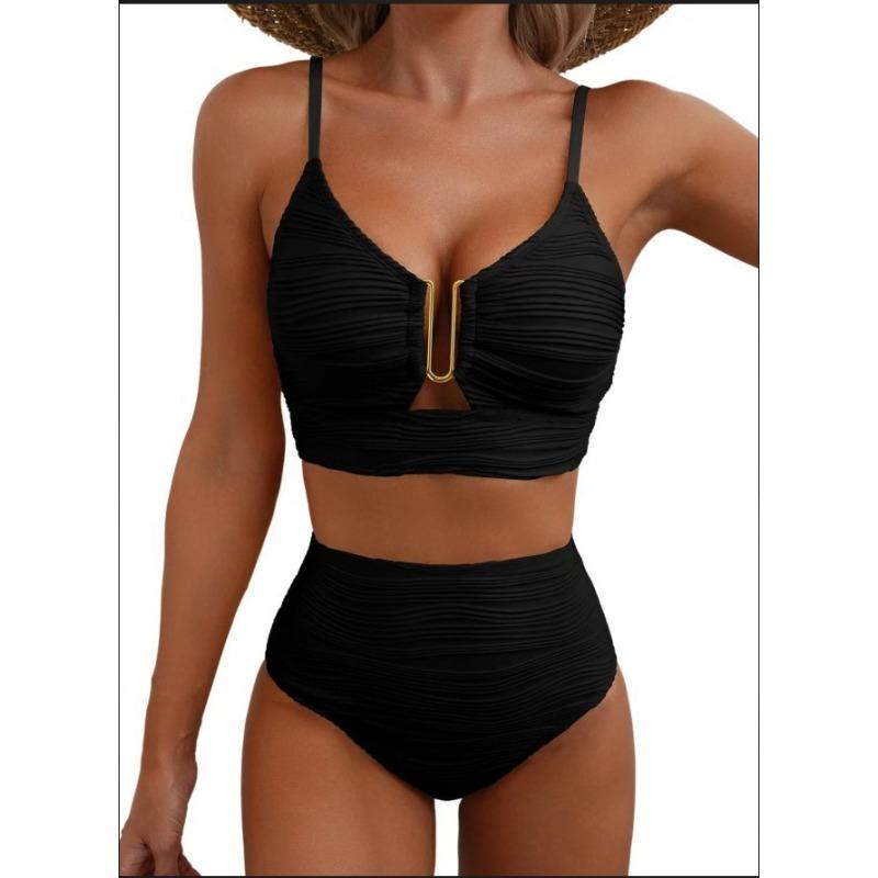 Europäischer und Amerikanischer Einfarbiger Bikini V-Ausschnitt Ausgehöhlt Hohe Taille Badeanzug Textur Plissiert Schmuck Badeanzug Bikini Damen