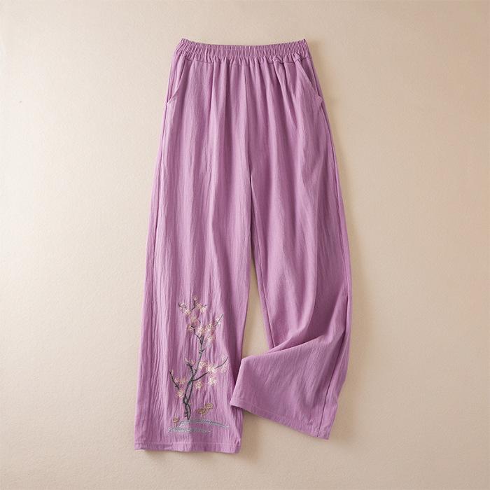 Pantaloni Estivi in Cotone e Lino Stile Cinese Taglia Grande Etnico Ricamati Casual Retro Gamba Larga Larghi da Donna 6XL violetto