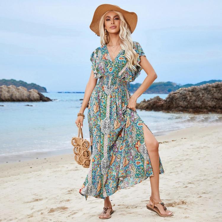 Dámské letní šaty s květinovým potiskem, výstřihem do V, volánovými krátkými rukávy, ležérní, s vysokým pasem, áčkového střihu, bez zad, s rozparkem, ke kotníkům, jarní šaty