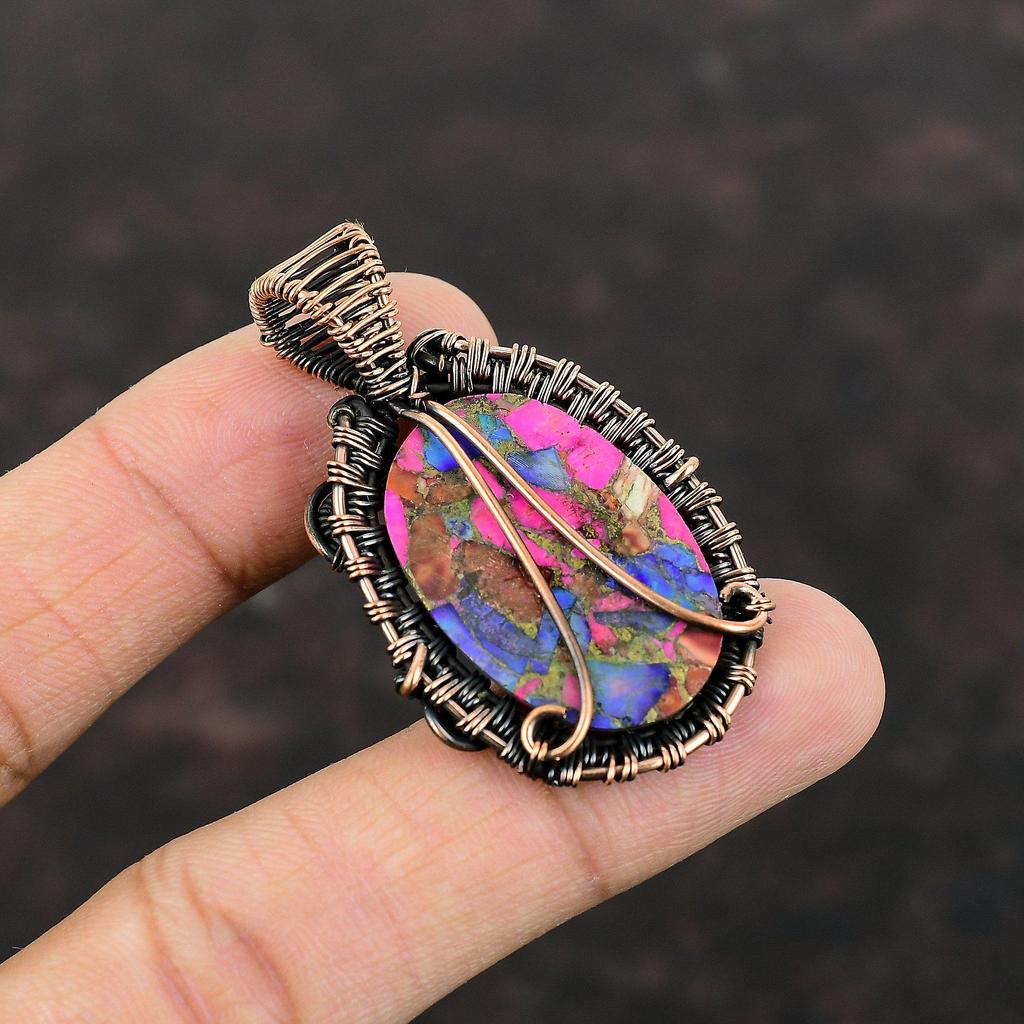 Natürlicher Kingman Pink Dahlie Türkis Anhänger Kupferdraht gewickelt Anhänger handgemachter Anhänger Kupferschmuck Hochzeitsgeschenk echter Edelstein Schmuck