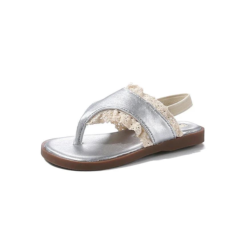 

Summer Solid PU Girls Sandals Fashion Lace Ruffles Children Flip Flops Sandals Elastic Band Anti Slip Soft Kids Beach Shoes 25