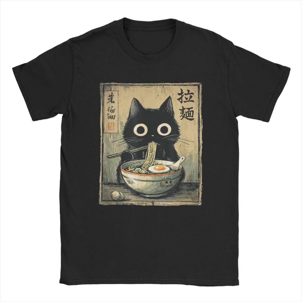 Kawaii RaUnisex Cat Retro Japanese Noodles Artwork Unisex T Shirt Vintage Tee Shirt Short Sleeve O Neck TShirt Cotton Gift Idea Tops
