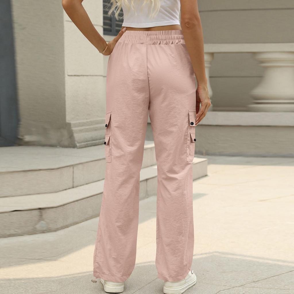 Womens Fashionable Solid Color High Waisted Drawstring Loose Pocket Binding Quick Drying Casual Pants