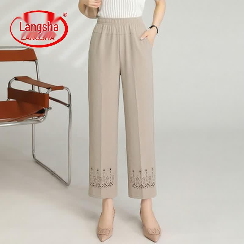 LangSha Mid-Aged Women's Solid Straight Leg Cropped Pants