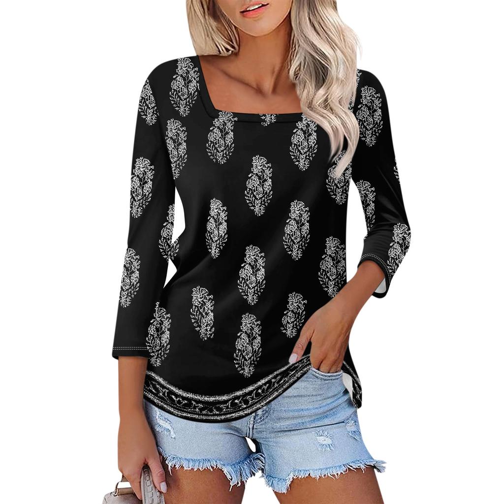 Women's 3/4 Sleeve Square Neck Floral Shirt Casual Loose Tunic Top