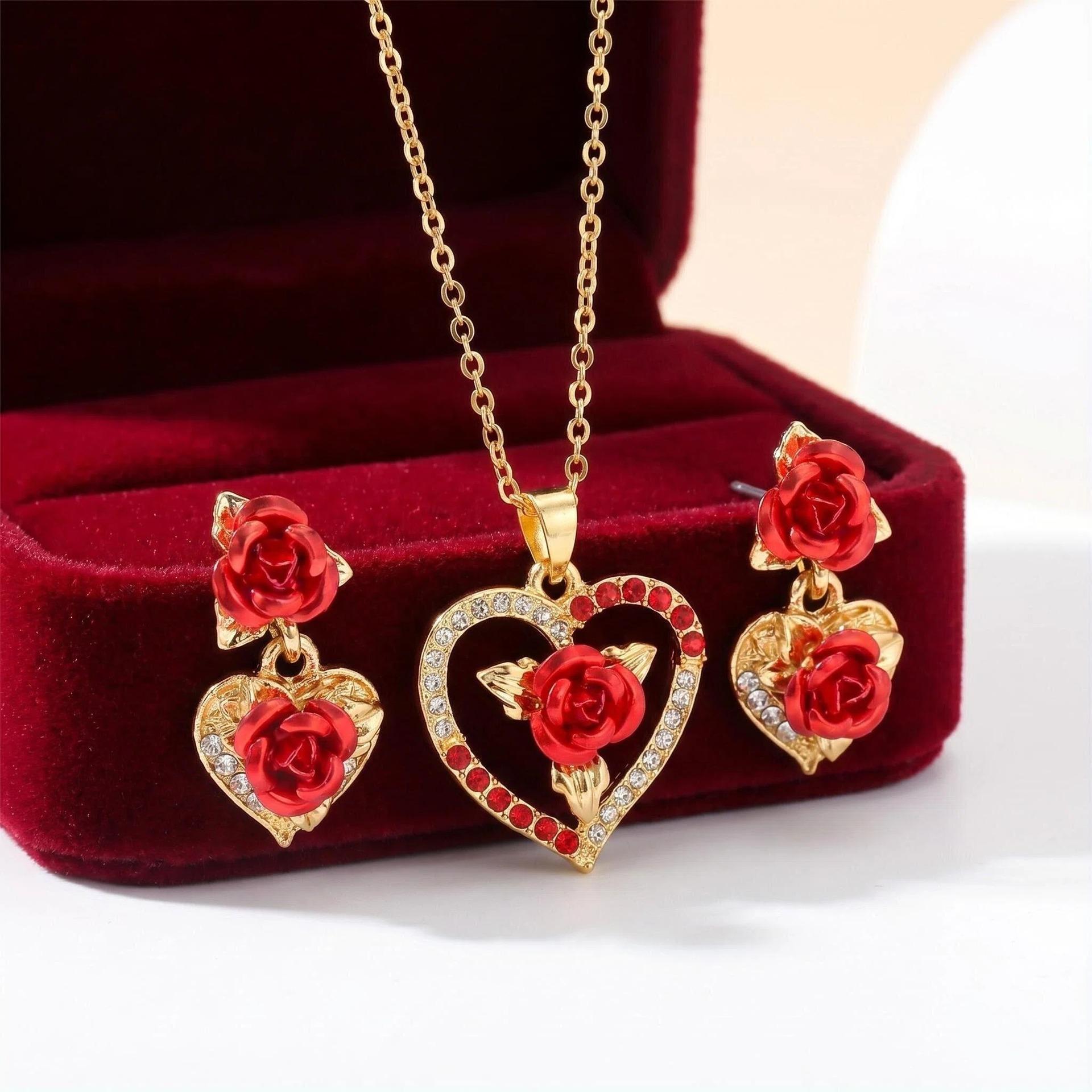 Elegant Rose Heart Shaped Rhinestone Necklace And Earrings Set Fashionable Floral Jewelry For Women
