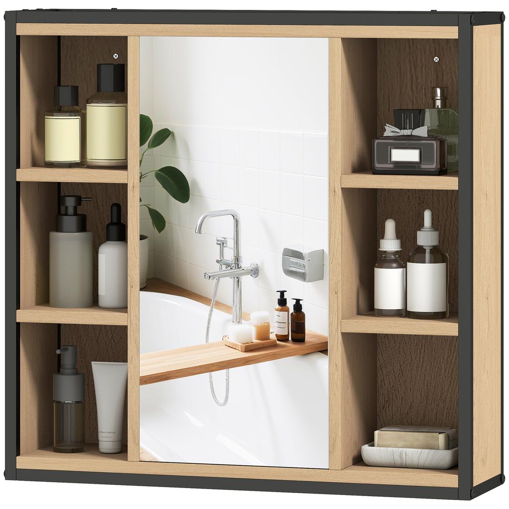 Badezimmerspiegel-Schrank, 6 offene Fächer, 3-stufiges Regal, Wandmontage, Eiche