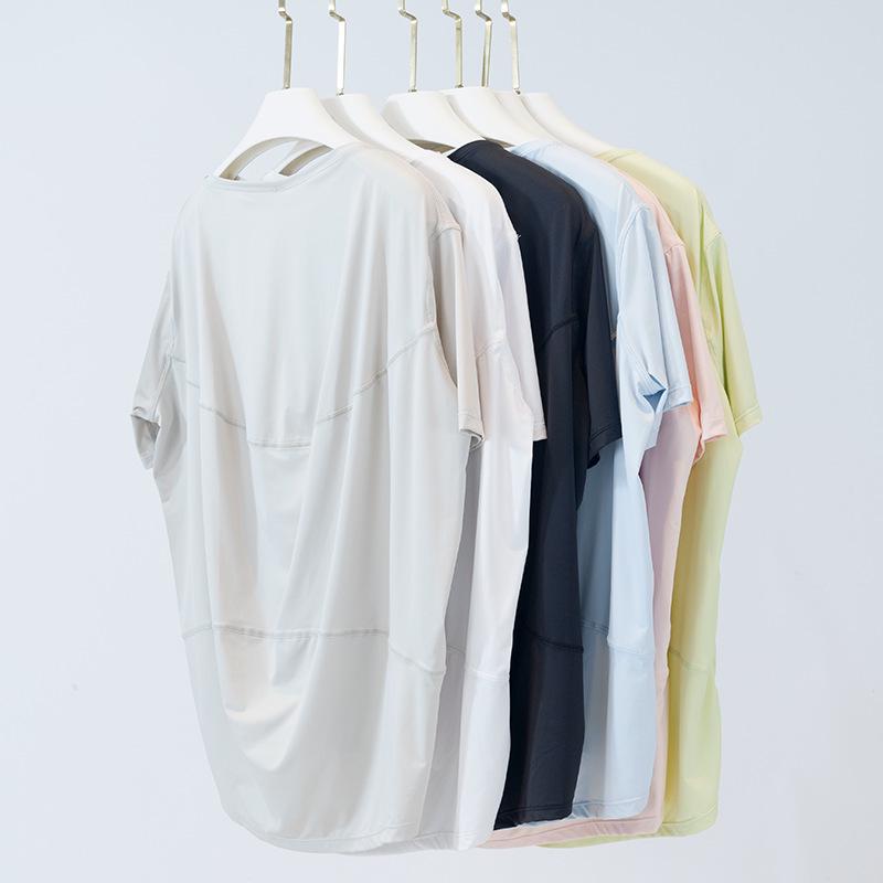 Damen Sommer Eisiges Nylon Yoga Top - Sonnenschutz, Atmungsaktiv, Hohe Elastizität, Lockere Passform, Bequemer Kurzarm für Fitness