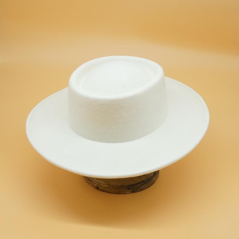 Korean White Woolen Flat Top Top Hat Women'S Autumn And Winter Wide Brim French Retro Foreign Trade Light Board Felt British Hat