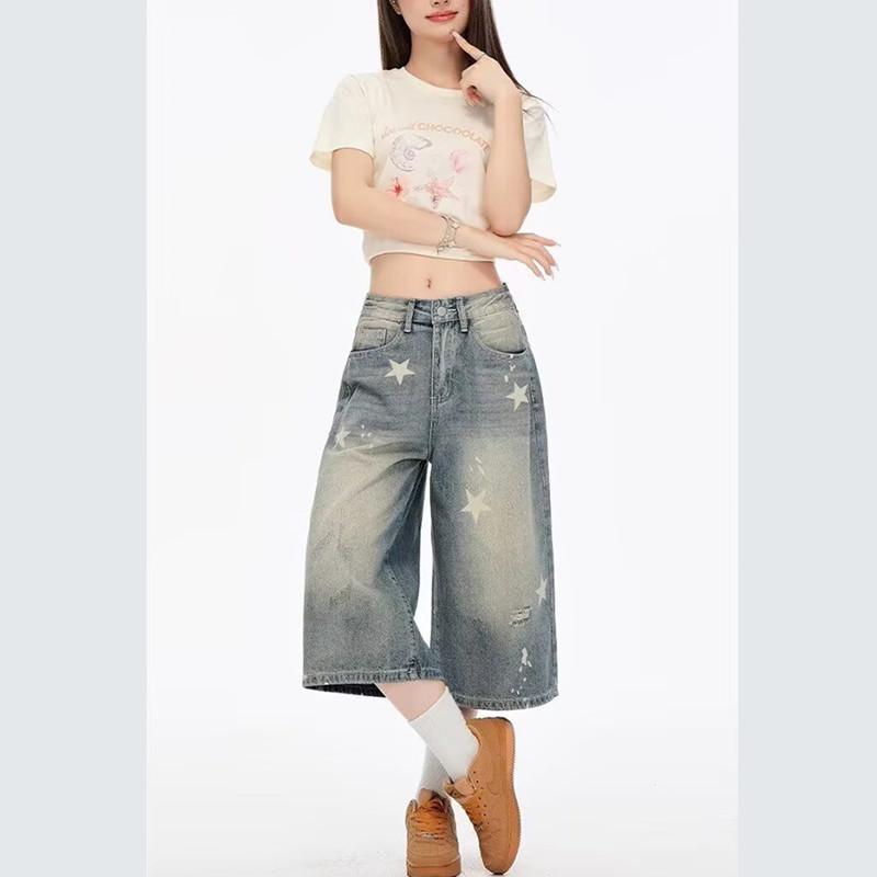 American trendy brand star seven-point jeans men's new summer straight couple pants casual shorts women