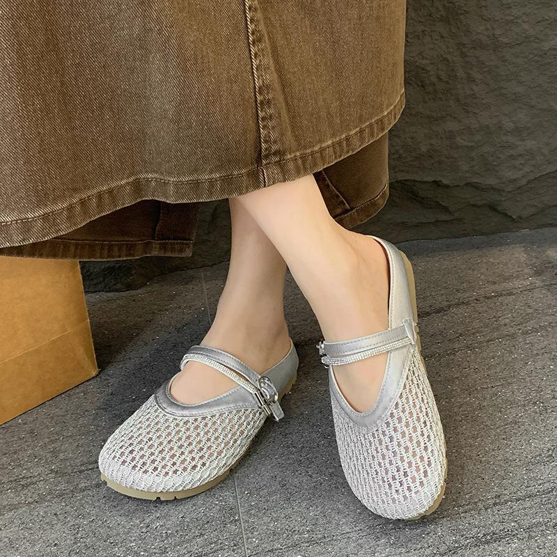 Half Slippers Women's Summer Wear Fisherman Baotou Flat Bottom Sandals Inner Height Increase One Pedal Mesh Breathable 2025 Weaving