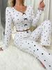 Europe and the United States Hot-selling Loungewear Printed Love V-neck Long-sleeved Pajamas Women Can Wear Trousers Two-piece Set