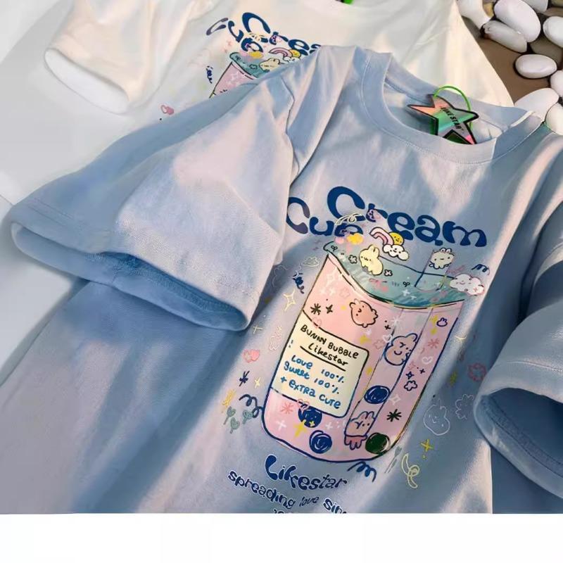 

Летняя мода Футболка из хлопка с принтом и круглым вырезом Женская с коротким рукавом Свободная Повседневная Пуловер Топ Футболка L синий