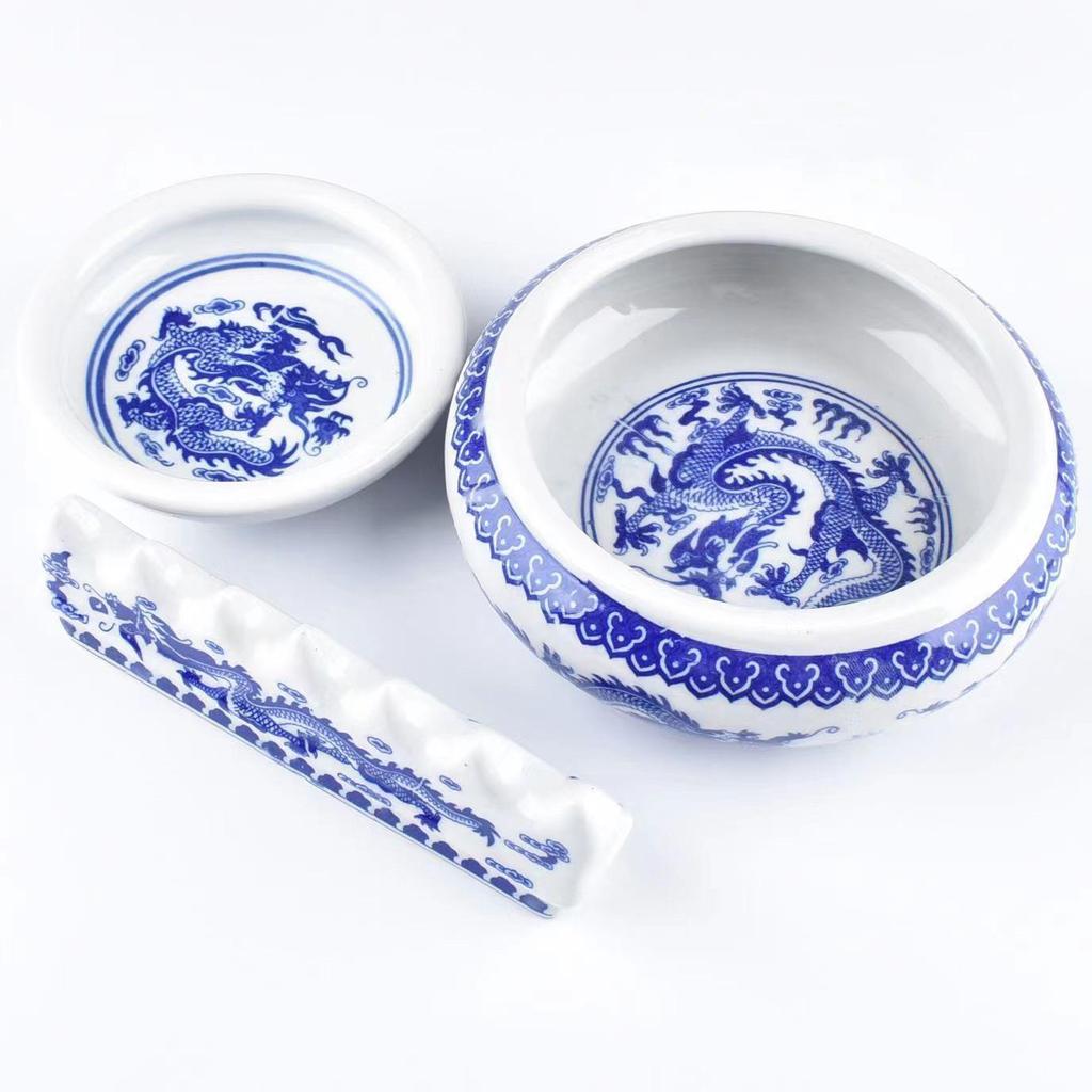 Multifunctional Jingdezhen Blue & White Porcelain Calligraphy Brush Stand & Ink Dish