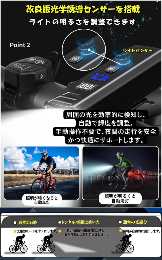Aki An Digital Auto Light Bicycle Light with Wireless Remote High Automatic 1500mAh 5 Lighting IPX5 Compact Flashlight for Road Power Horn,