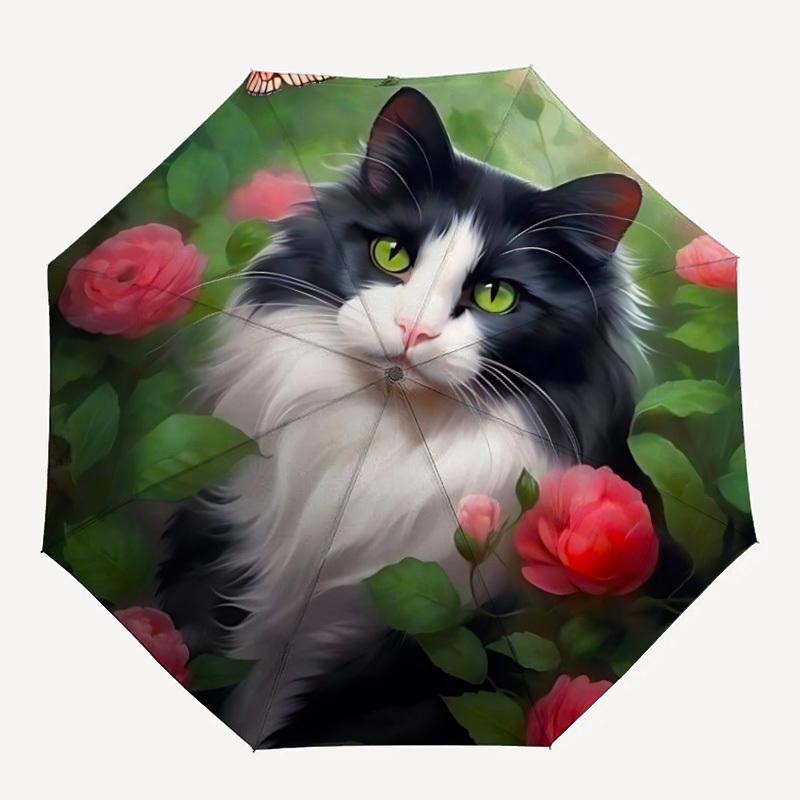 

1pc Cat Roses Butterfly Automatic Open/Close Umbrella with Windproof, 8-Rib Sturdy Canopy, , Outdoor Accessory, Ideal for Gifts yy251117091