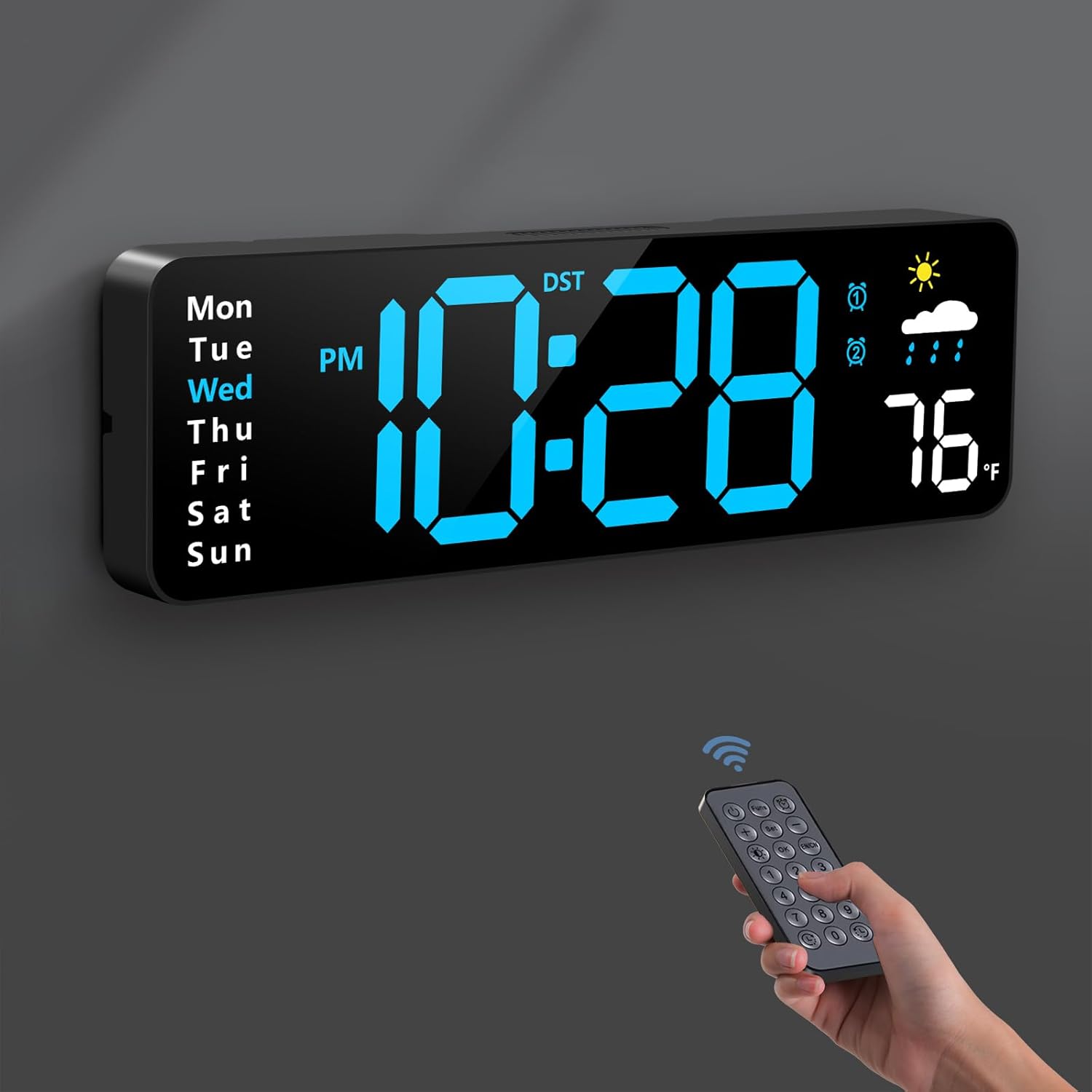 

Digital wall clock large screen remote control LED alarm clock with date week temperature humidity automatic daylight saving time countdown function синий