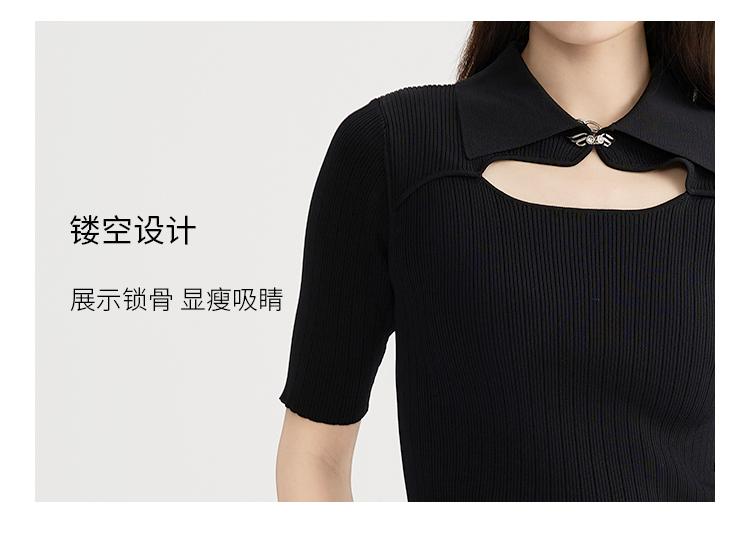 Fashionable slim fit women's short sleeved lapel knitted sweater 2025 spring and summer thin style hollow out small shirt top