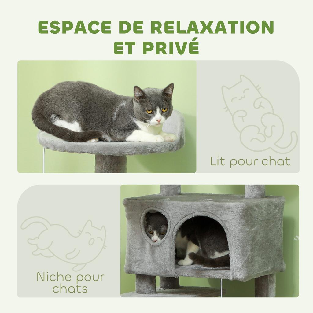 138cm Cat Tree, Multi-Level Cat Tower with Scratching Posts and Pad, Bed, Condos, Platforms, Toy Balls, Light Grey