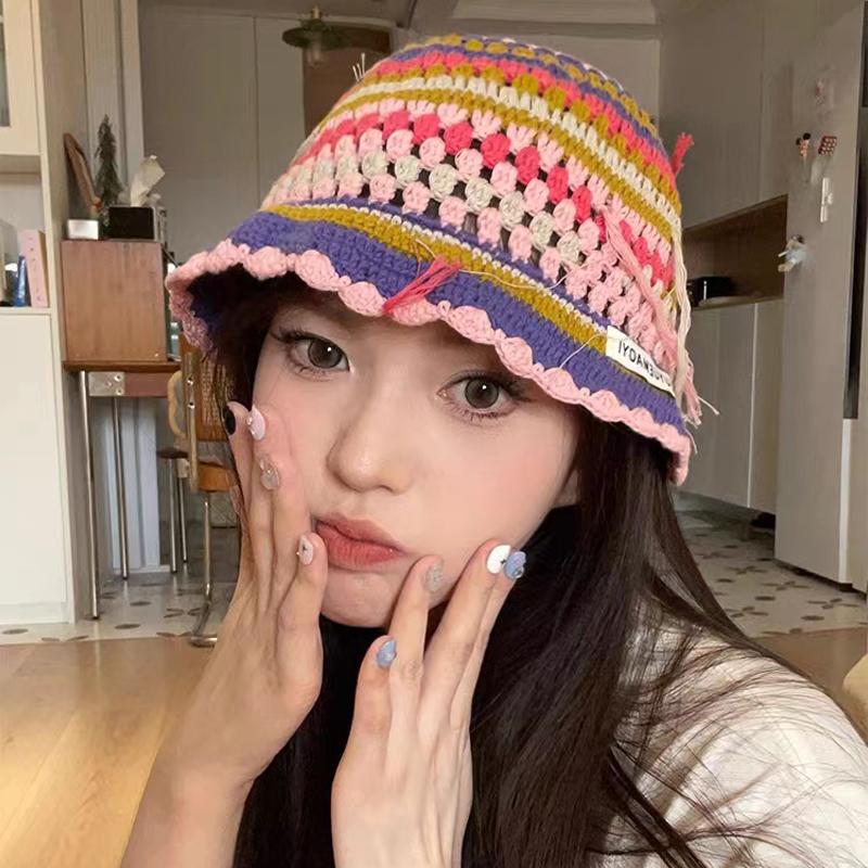 Korean Retro Stripe Handmade Crochet Bucket Hats Autumn and Winter Y2k Fisherman's Cap Women Tassel Colored Wool Hats
