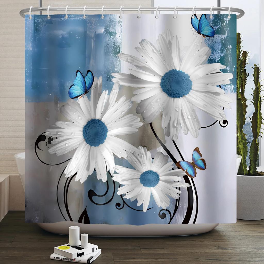 Rustic Sunflower Daisy Shower Curtain Butterfly Floral Vintage Country Farmhouse Flower Wooden Board Waterproof Bathroom Curtain