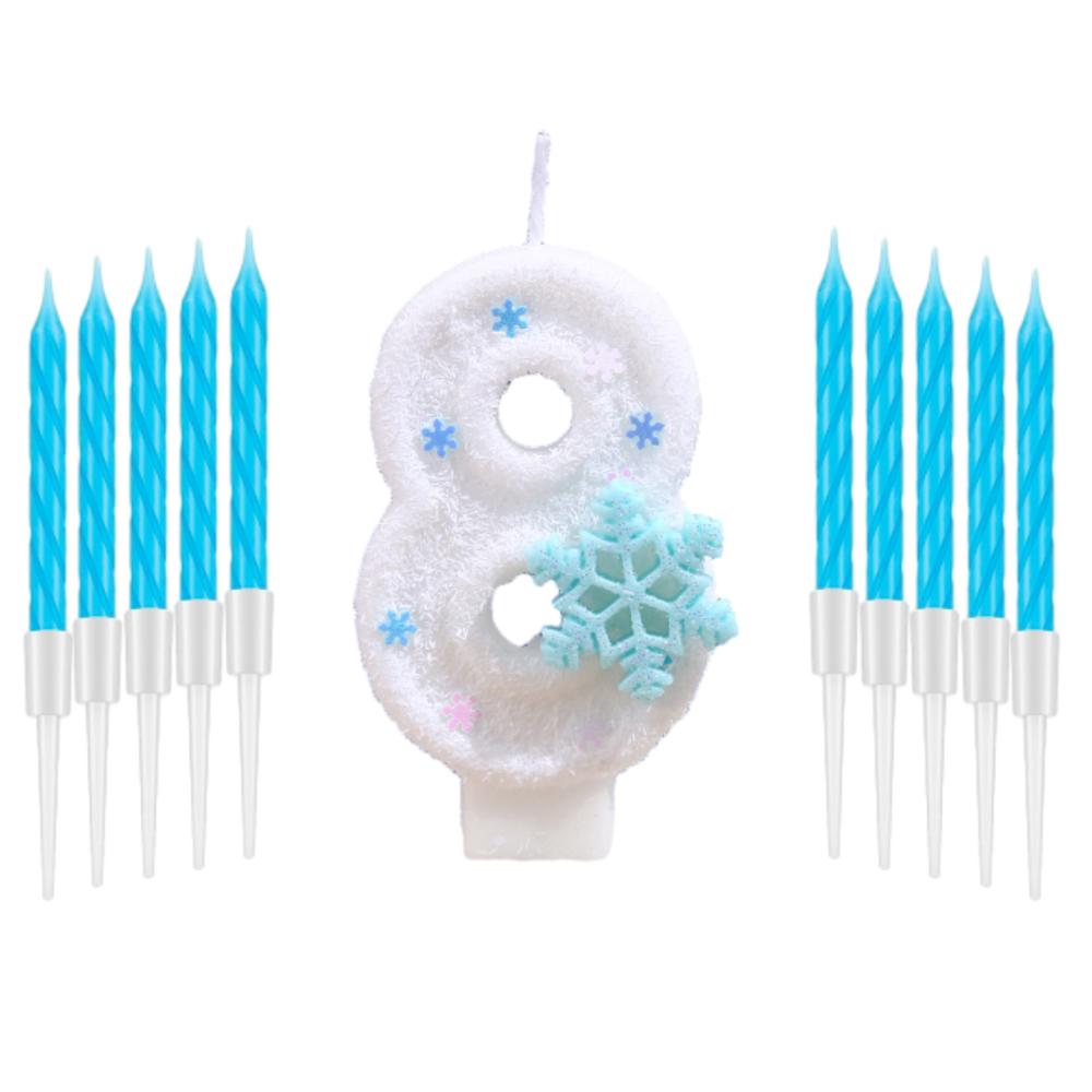 11pcs White Frozen Snow Themed Birthday Candles,White Snow Snowflake 0-9 Party Supplies,Winter Frozen Birthday Party Decorations
