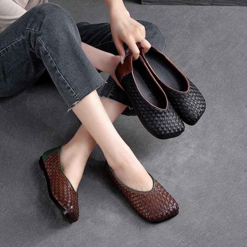 Johnature Vintage Versatile Genuine Leather Woven Flat Shoes Handmade Square Toe Shallow Soft Sole Slip-on Shoes