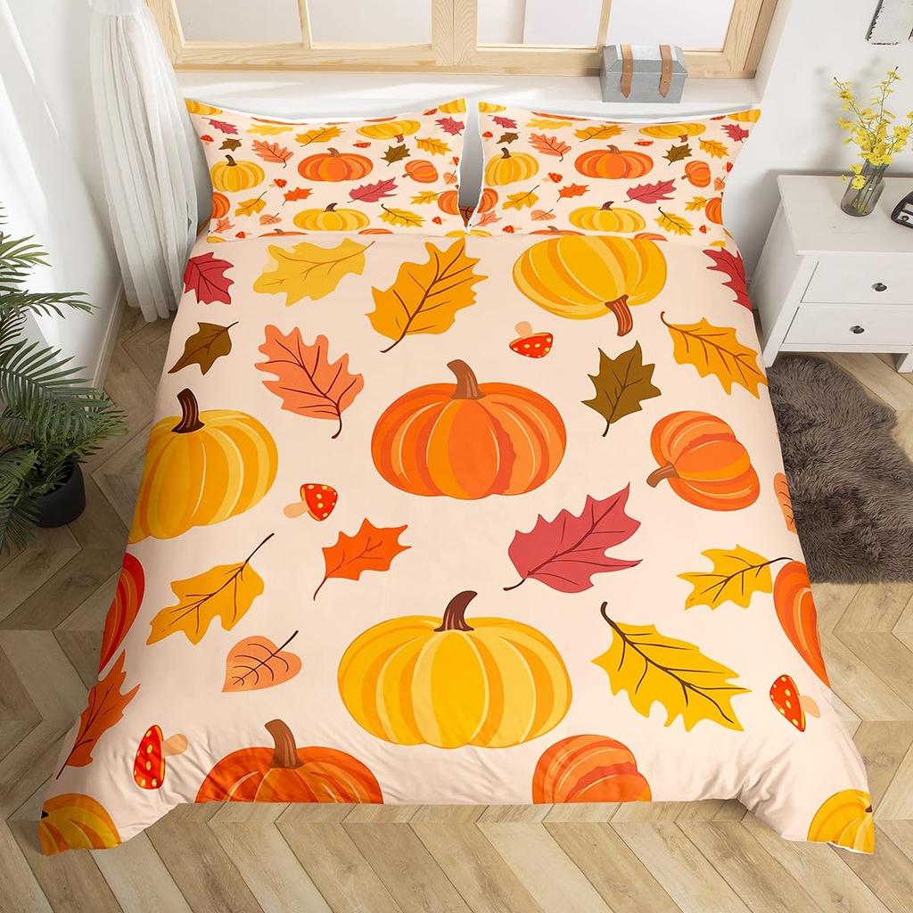 Autumn Pumpkin Soft Duvet Cover Ful Quen Fal Leaves Boho Floral Beding Set Farmhouse Harvest Home Decor,Thanksgiving Comfortable Quilt Cover