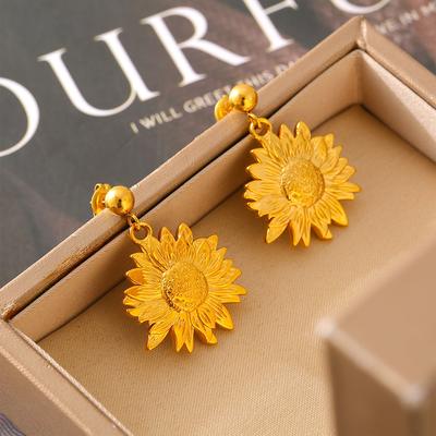 Temperament Ohrringe, Leichter Luxusstil Übertriebene Goldene Sonnenblume Damen Sonnenblume Titanstahl Vergoldete Ohrringe