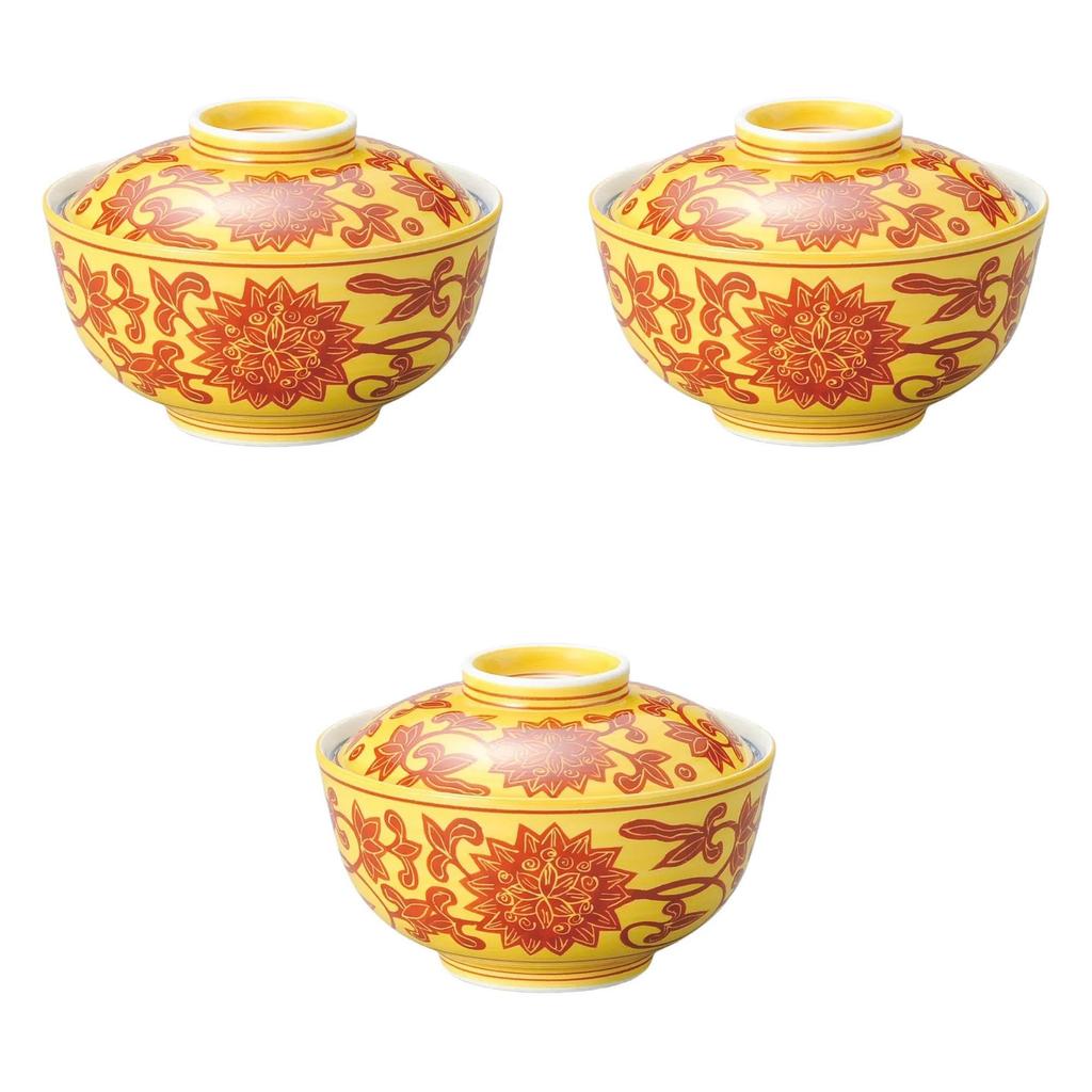 Set of 3 Yellow and Red Lidded Bowls x Reinforced Porcelain Simmered Food Bowls by Setomonohonpo [11.1 7cm]