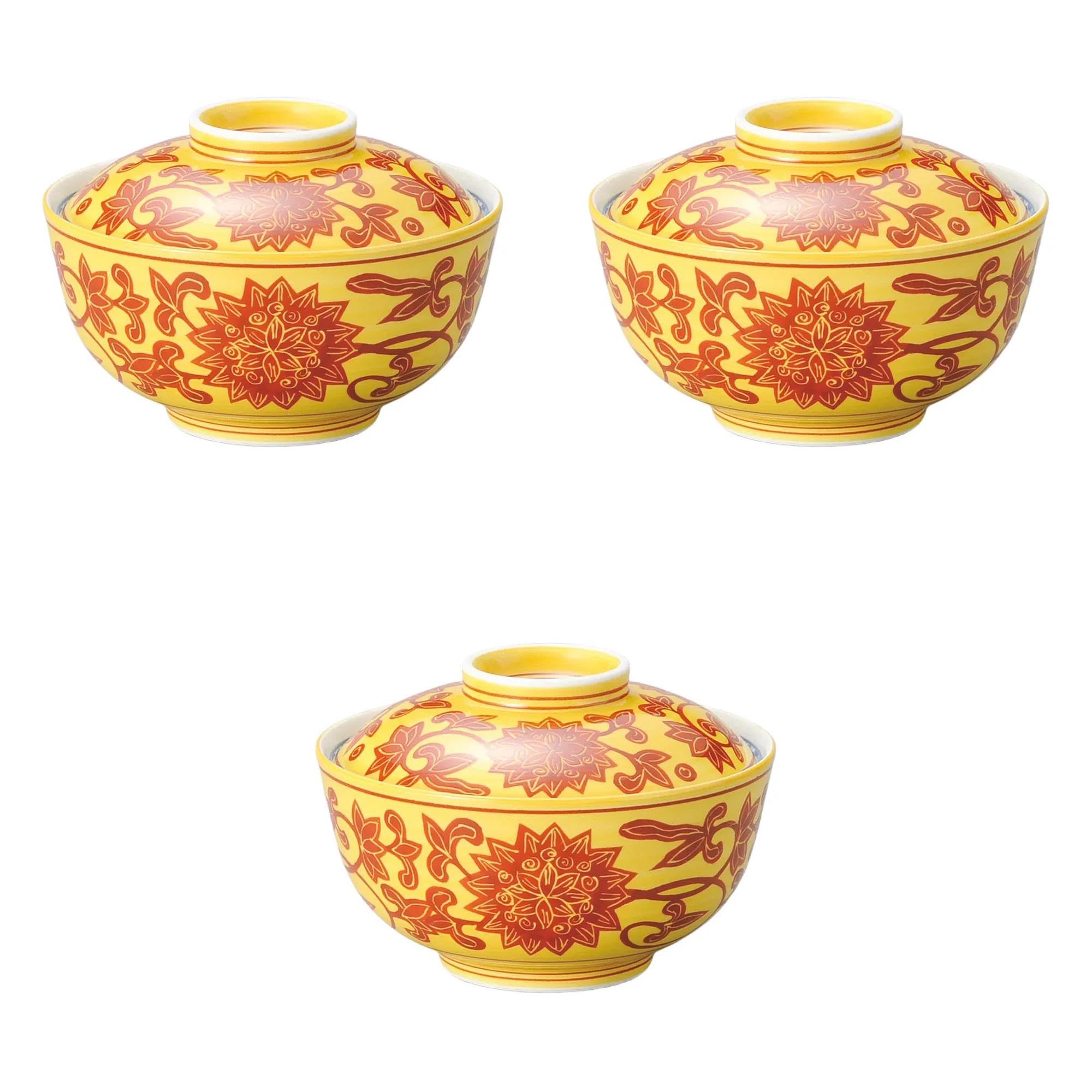 

Set of 3 Yellow and Red Lidded Bowls x Reinforced Porcelain Simmered Food Bowls by Setomonohonpo [11.1 7cm]