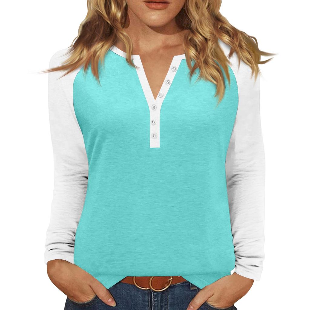 Women's T Shirt Color Block Button Long Sleeve Daily Weekend Fashion Basic V- Neck Regular Top