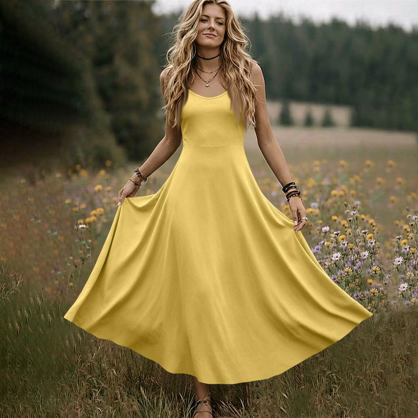 

Women V Neck Sleeveless Long Dress Summer Spaghetti Strap Solid A Line Maxi Dress Casual Loose Fit Sundress XL жёлтый