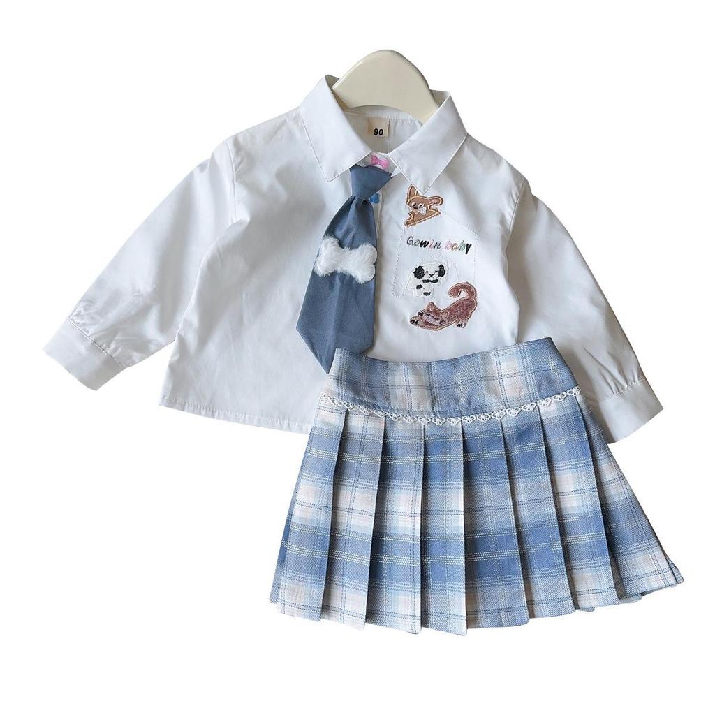 Girls' Cartoon Puppy Two-Piece Set: Shirt & Pleated Skirt with Tie - Mori Girl Style