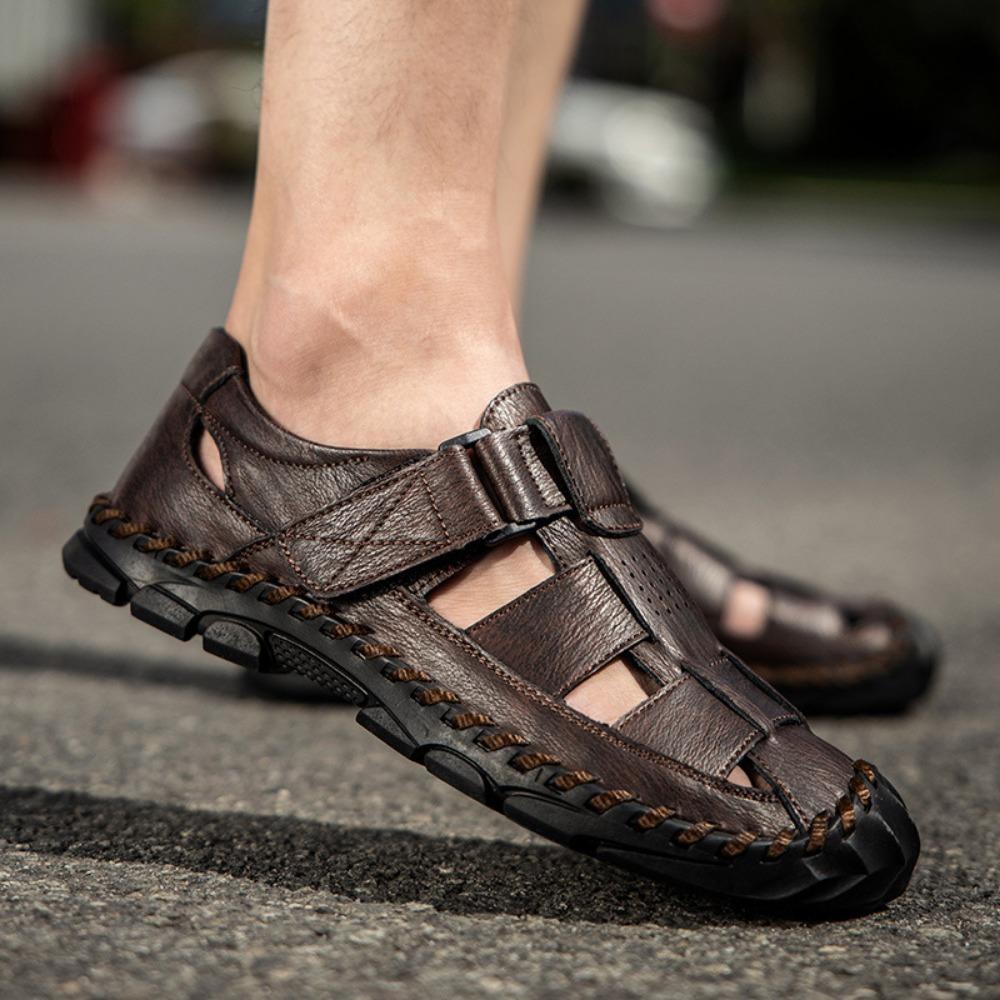 Mens Genuine Leather Sandals Breathable Outdoor Summer Casual Perforated Beach Shoes