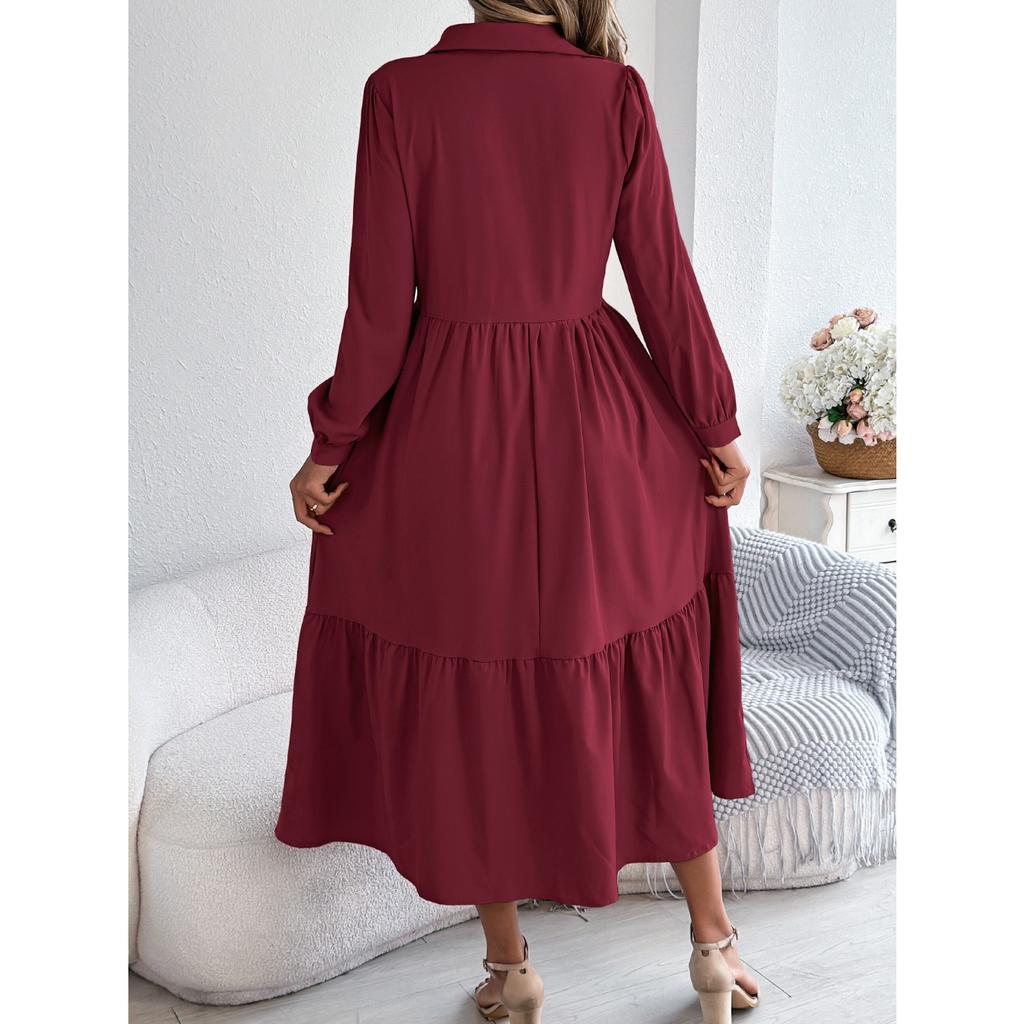 GMXIA Autumn and Winter Lapel Casual Loose Long-sleeved Ruffled Shirt Dress for Women
