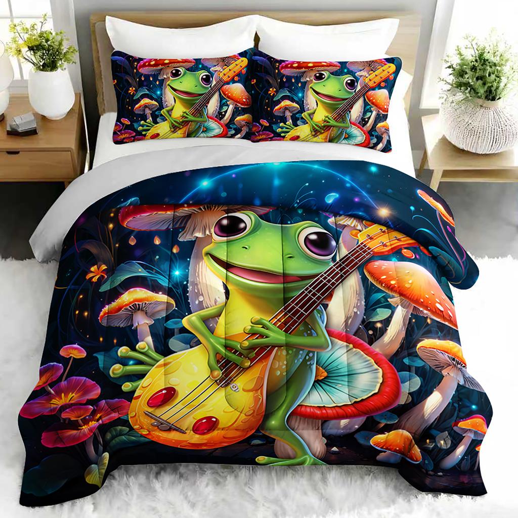 3PC Musical Frog Bedding Set Cute Cartoon Frog Duvet with 2 Pillowcases Mushroom Theme Comforter for Bedroom Or Guest Room