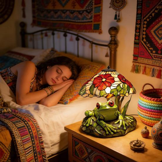 Frosch & Blume Tischlampe Handgefertigtes Harzdekor mit Warmem Schein Dekorative Nachtleuchte für Schlafzimmer