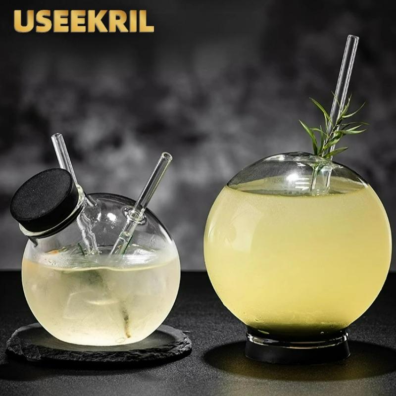 Bicchiere di Vetro a Forma di Globo, Bicchiere di Vetro Creativo Unico, Bicchieri da Cocktail per Mixology Molecolare Bicchieri a Doppia Cannuccia, Bicchieri per Bevande e Succhi