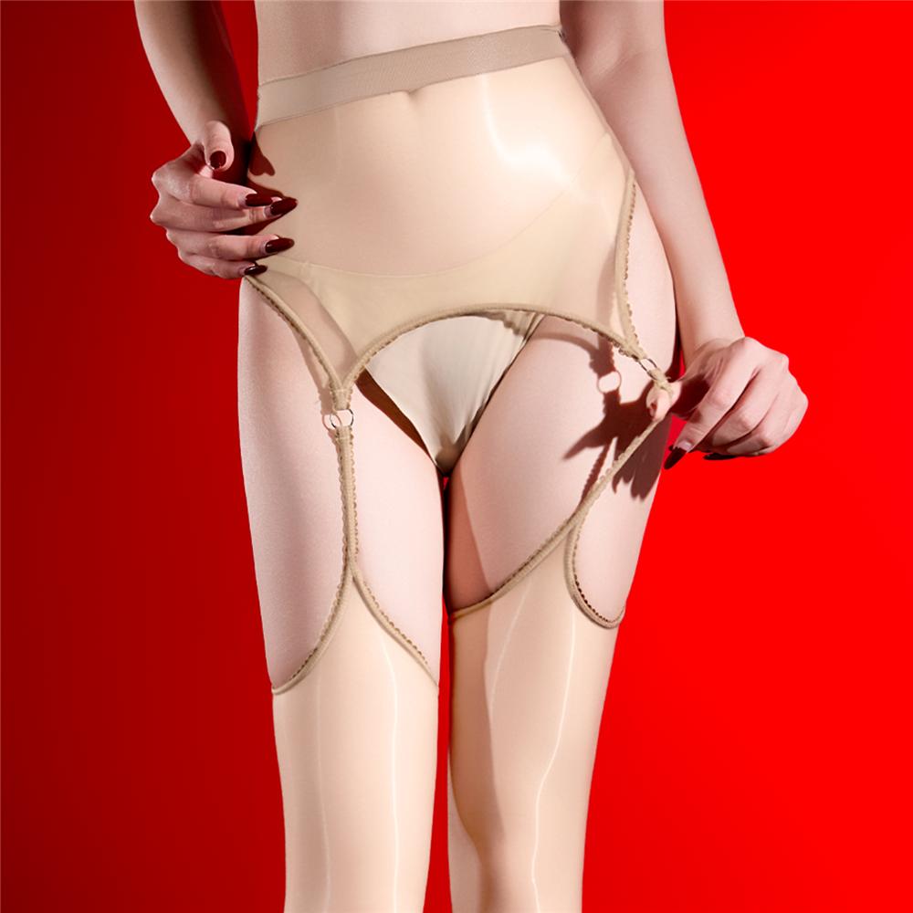 Sexy Women 3D Thin Open Crotch Pantyhose Sheer See Through Oil Glossy Shiny Stockings Stripe Maid Tights Stockings Hollow Out