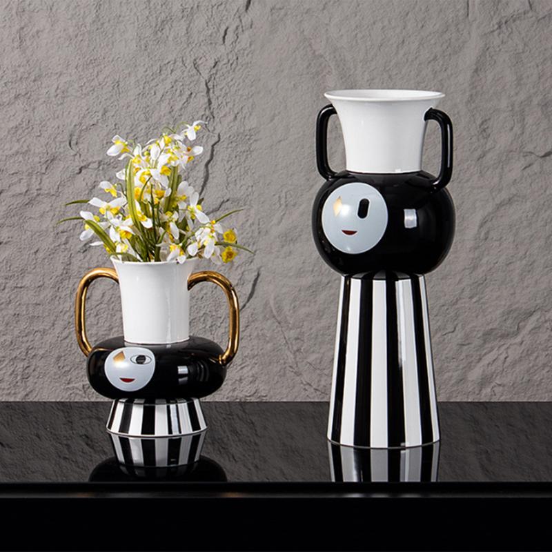 Advanced Striped Dual Ear Ceramic Vase, Cartoon Clown Face Vase, Living Room Flower Arrangement, Room Aesthetic Decoration
