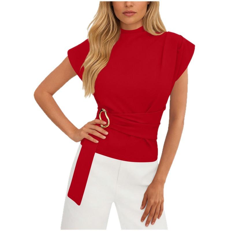 Summer New Style Fashionable Simple Half Turtleneck Short-sleeved T-shirt with Waist Design for Women's Tops