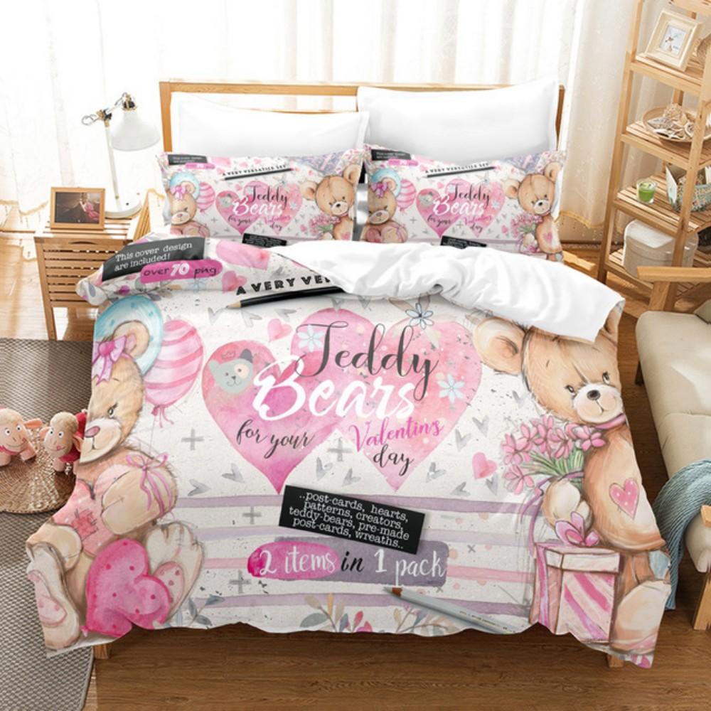 Bettwäscheset mit Cartoon-Bären, süßer Teddybär, 200 x 200, Bettbezug-Set, Kissenbezüge, Queen-Size-Bett, Einzel- und Doppelgröße, Bettwäsche für Kinderliebhaber