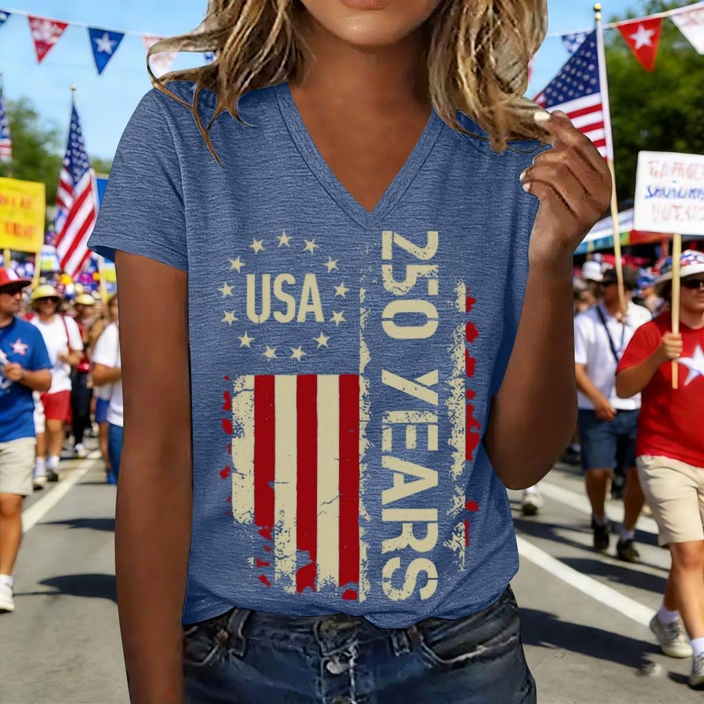 Modisches Lässiges Damen-T-Shirt Mit Kurzarm, Aufdruck und V-Ausschnitt