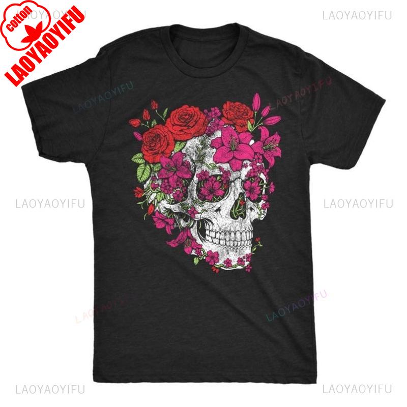 

Big Skull Eternal Blossom Skull Graphic T Shirts Day of The Dead Men Tshirt Flower Skull Woman Man Shirts Summer Shortsleev S