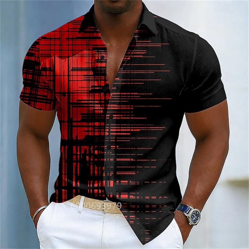 Men's Gradient Line Lapel Shirt, Summer Casual Vacation Outdoor Top
