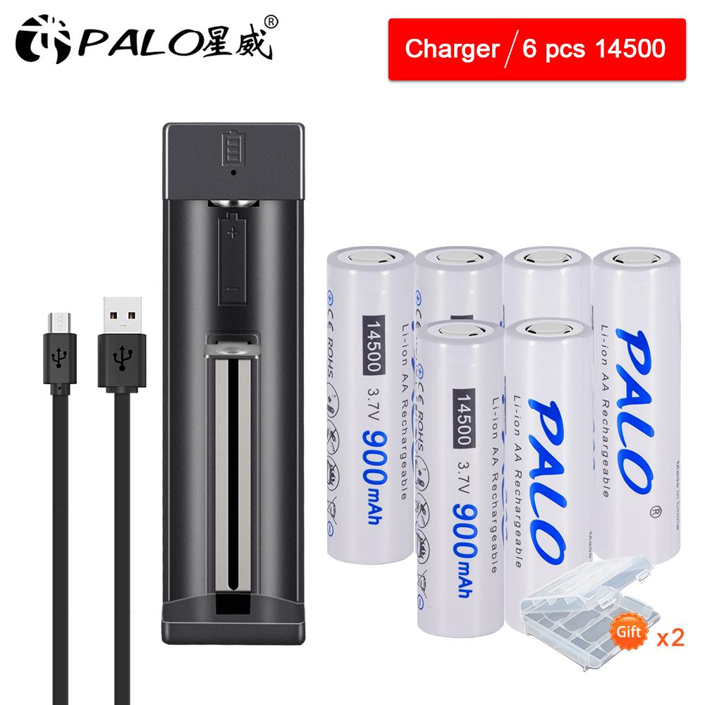 PALO 3.7V 14500 AA Li-ion Rechargeable Batteries 900mAh for LED Flashlight+charger for 14500 18650 16350 18500 Etc Battery