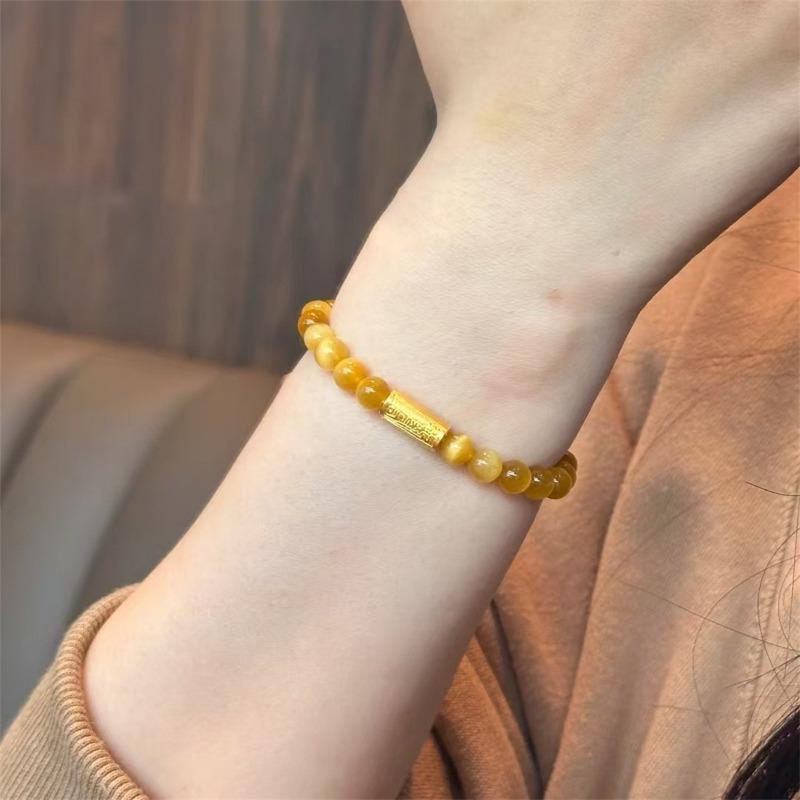 Braccialetto di Perle di Giada Gialla Naturale con Ciondolo a Barra Placcato Oro, Braccialetto di Cristallo per la Fortuna, la Ricchezza e la Protezione per Uomini e Donne, Gioiello Feng Shui Regalo